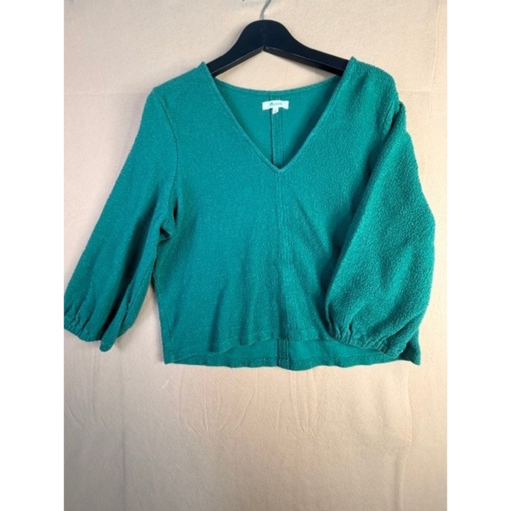 Madewell XL Green Textured Cotton V Neck Puff Sleeve Top Blouse
